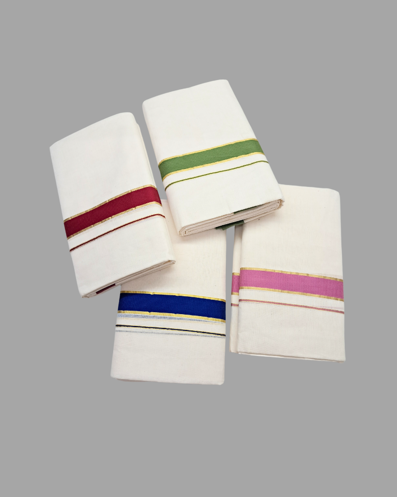 Dhoti: Kerala Cotton - Colour with Gold Zari Border