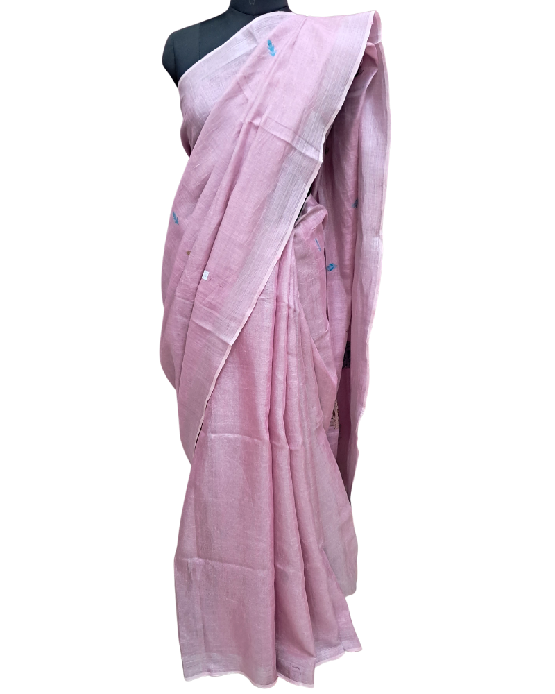 Handwoven Tissue Linen Jamdani Saree - Pink