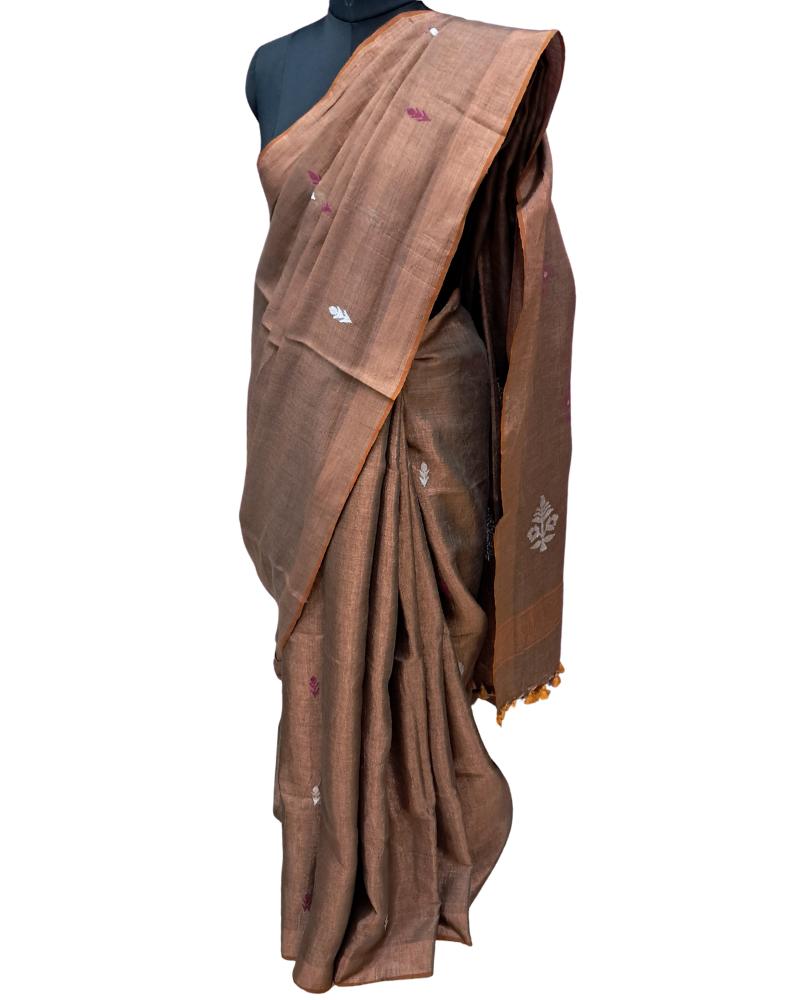 Handwoven Tissue Linen Jamdani Saree - Brown