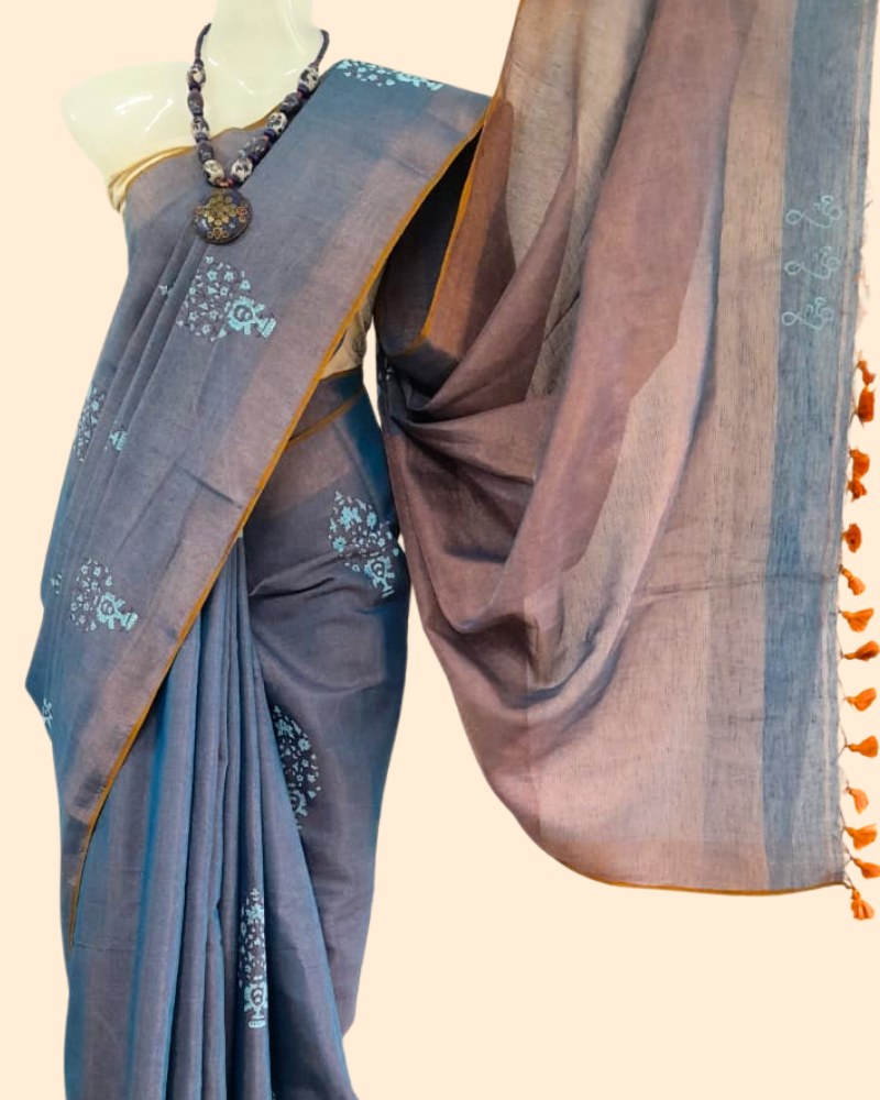 Tissue Linen Saree with Hand Block Print - Slate Blue