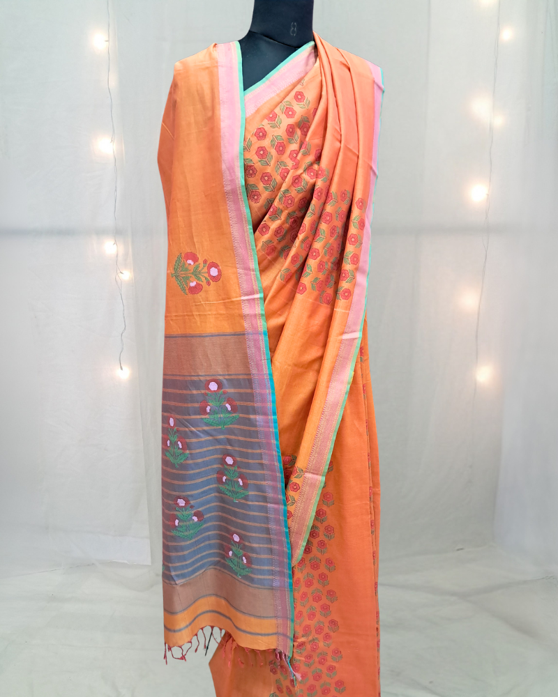Saree: Maheshwari Cotton with Block Print - Orange