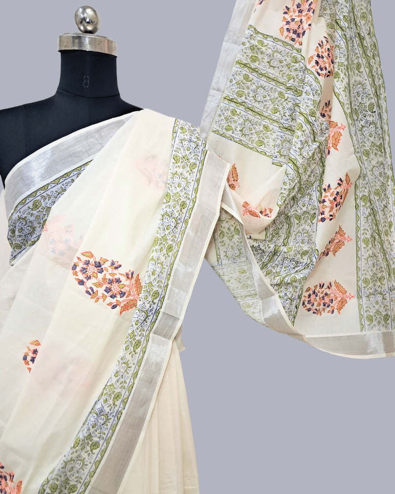 Saree: Kerala Cotton - Silver Zari Border with Green, Yellow and Blue Print