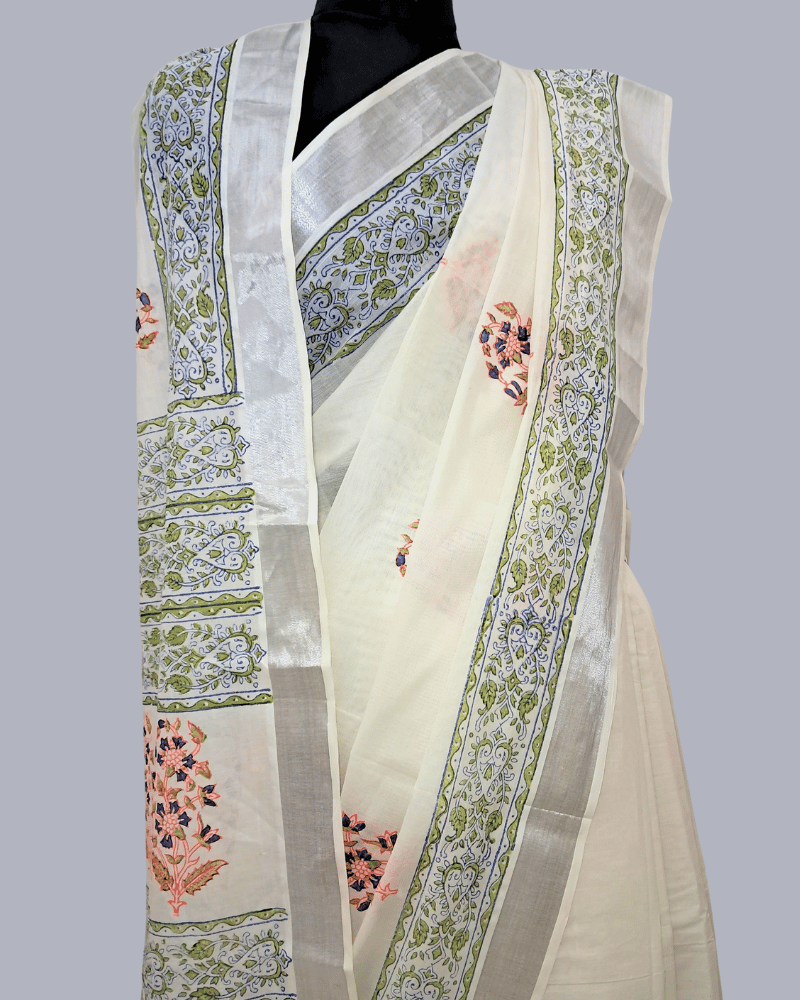 Saree: Kerala Cotton - Silver Zari Border with Green, Yellow and Blue Print