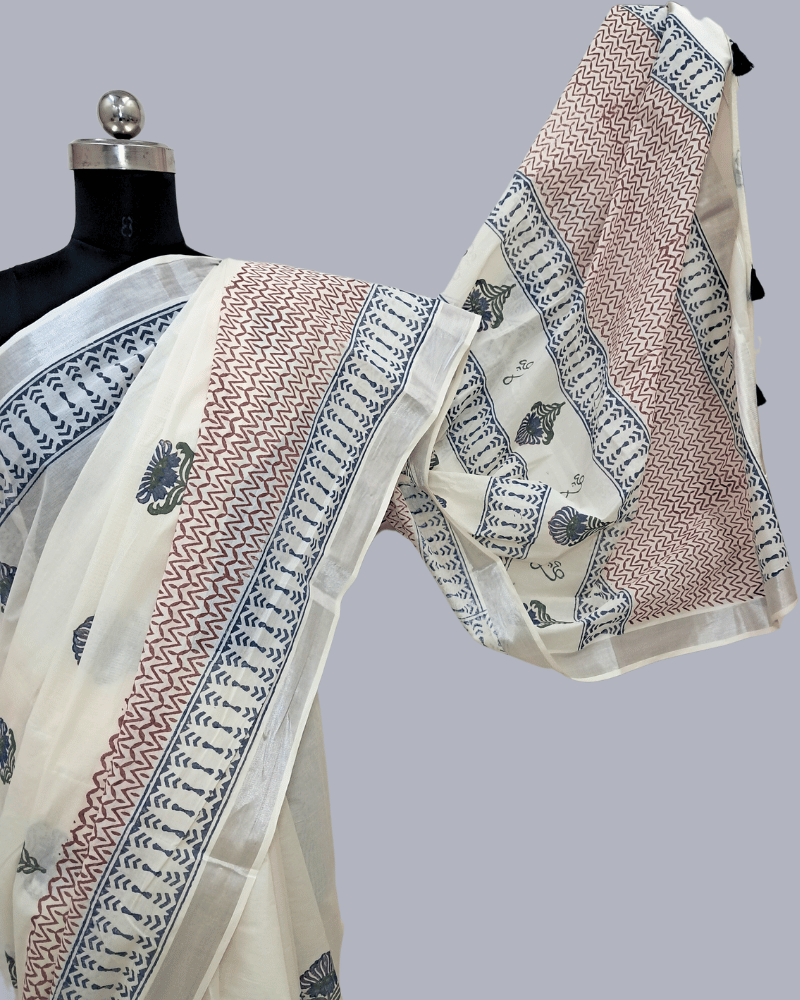 Saree: Kerala Cotton - Silver Zari Border with Blue & Maroon Print
