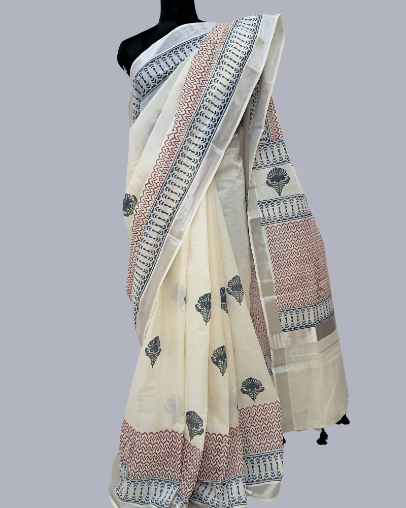Saree: Kerala Cotton - Silver Zari Border with Blue & Maroon Print