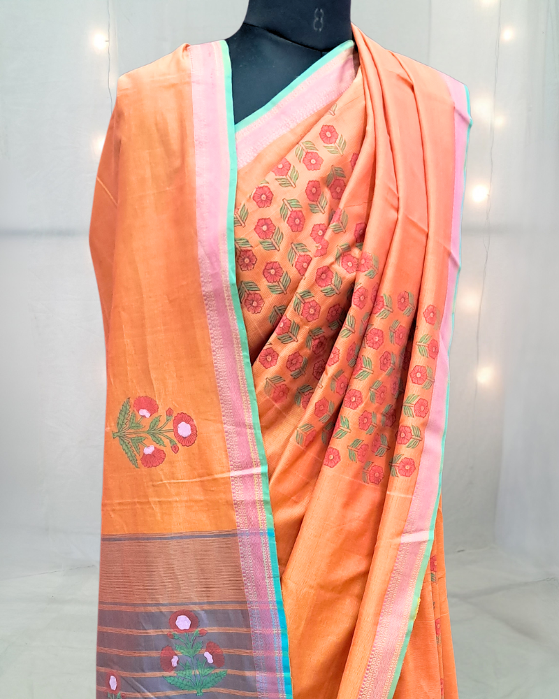 Saree: Maheshwari Cotton with Block Print - Orange