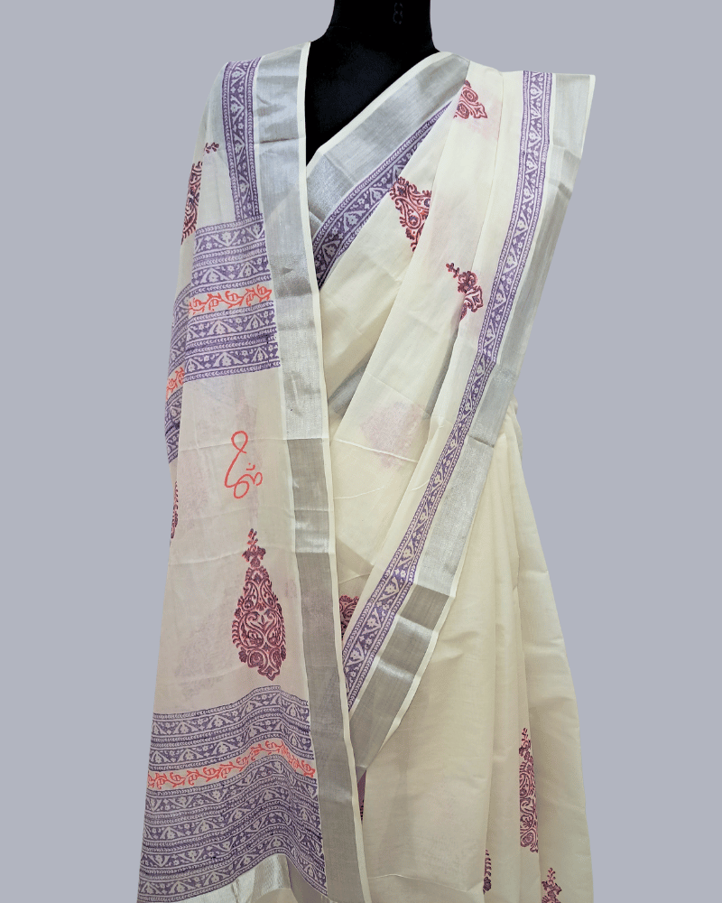 Saree: Kerala Cotton - Silver Zari Border with Purple and Pink Print