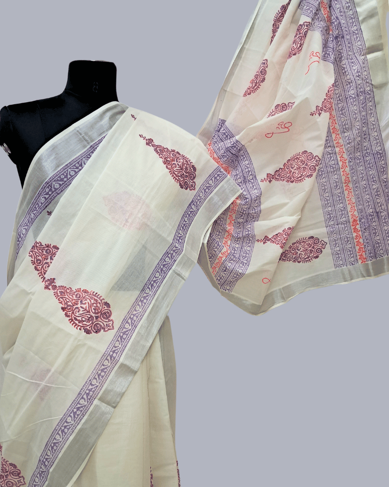 Saree: Kerala Cotton - Silver Zari Border with Purple and Pink Print