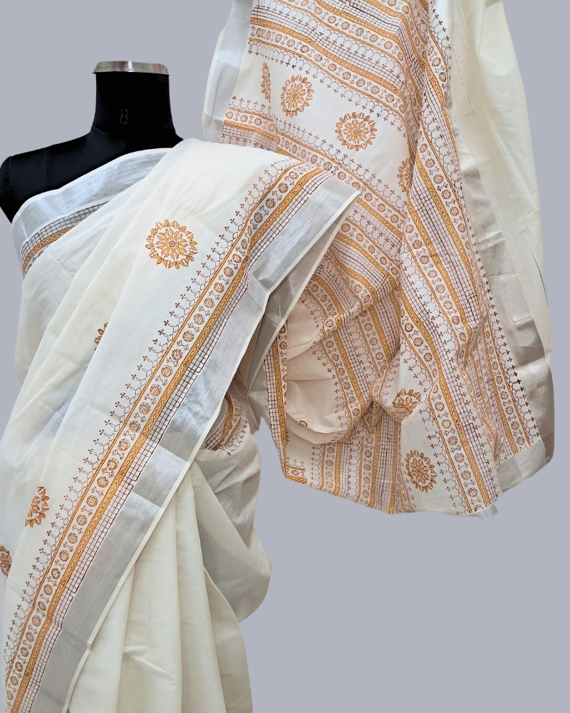 Saree: Kerala Cotton - Silver Zari Border with Mustard Yellow Print