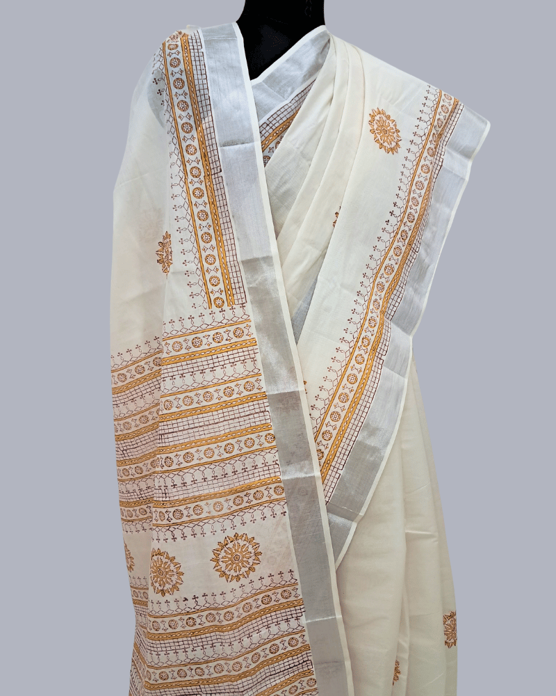 Saree: Kerala Cotton - Silver Zari Border with Mustard Yellow Print
