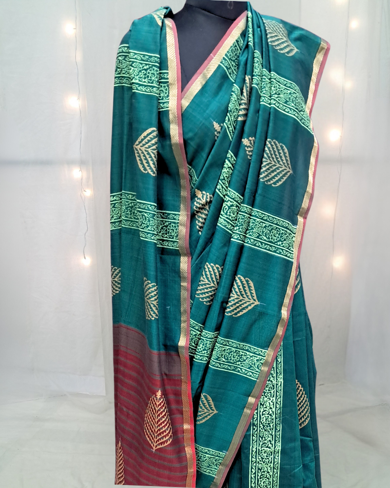 Saree: Maheshwari Cotton with Zari Border & Block Print - Green