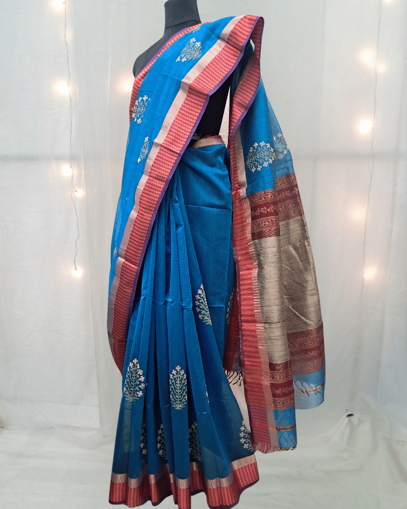 Saree: Maheshwari Silk-Cotton with Big Thread Border - Blue