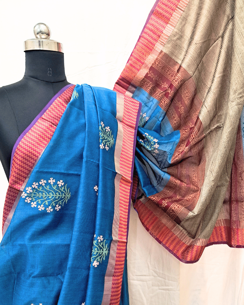 Saree: Maheshwari Silk-Cotton with Big Thread Border - Blue