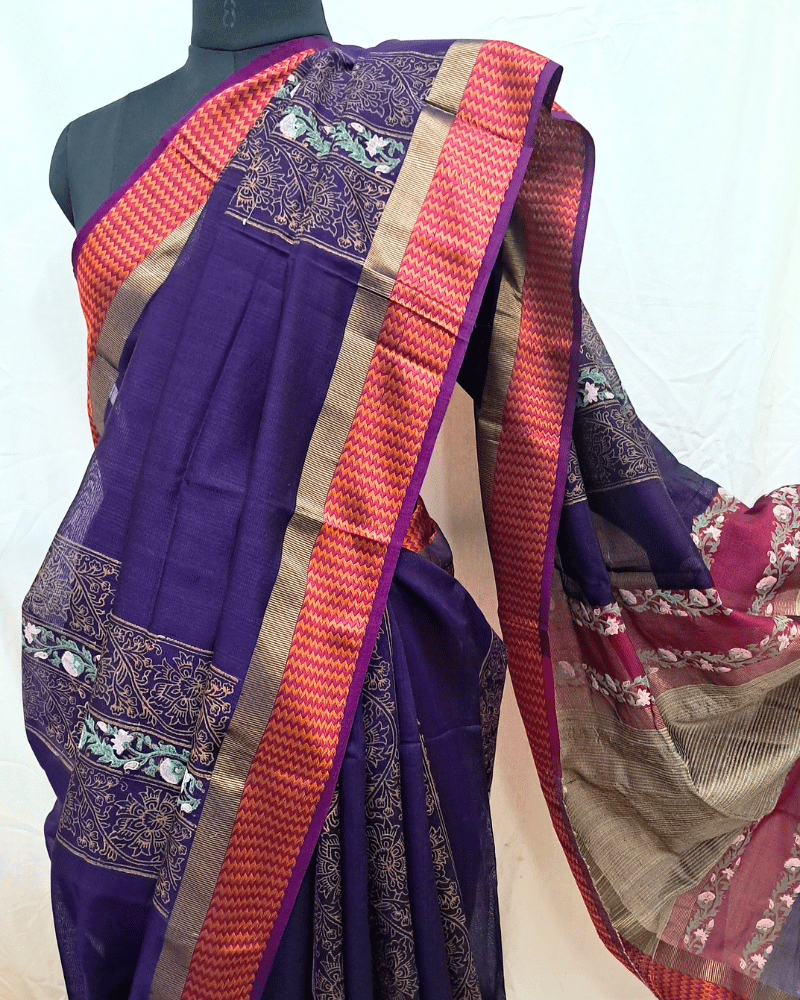 Saree: Maheshwari Silk-Cotton with Big Thread Border - Purple