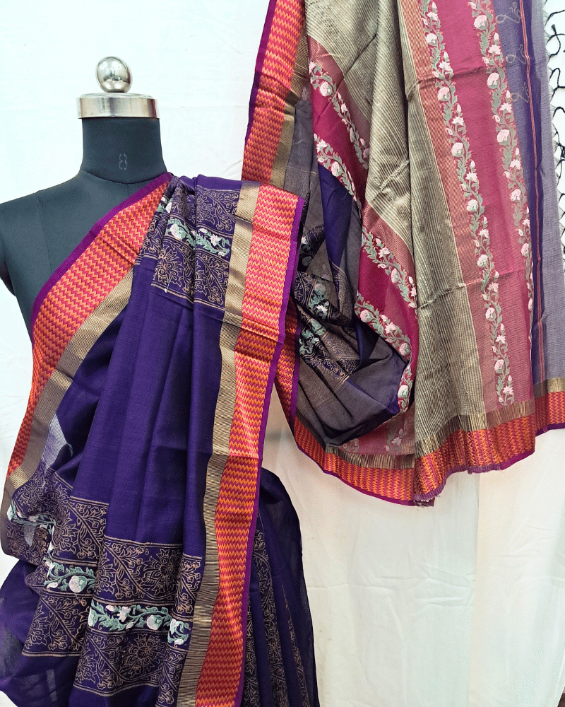 Saree: Maheshwari Silk-Cotton with Big Thread Border - Purple