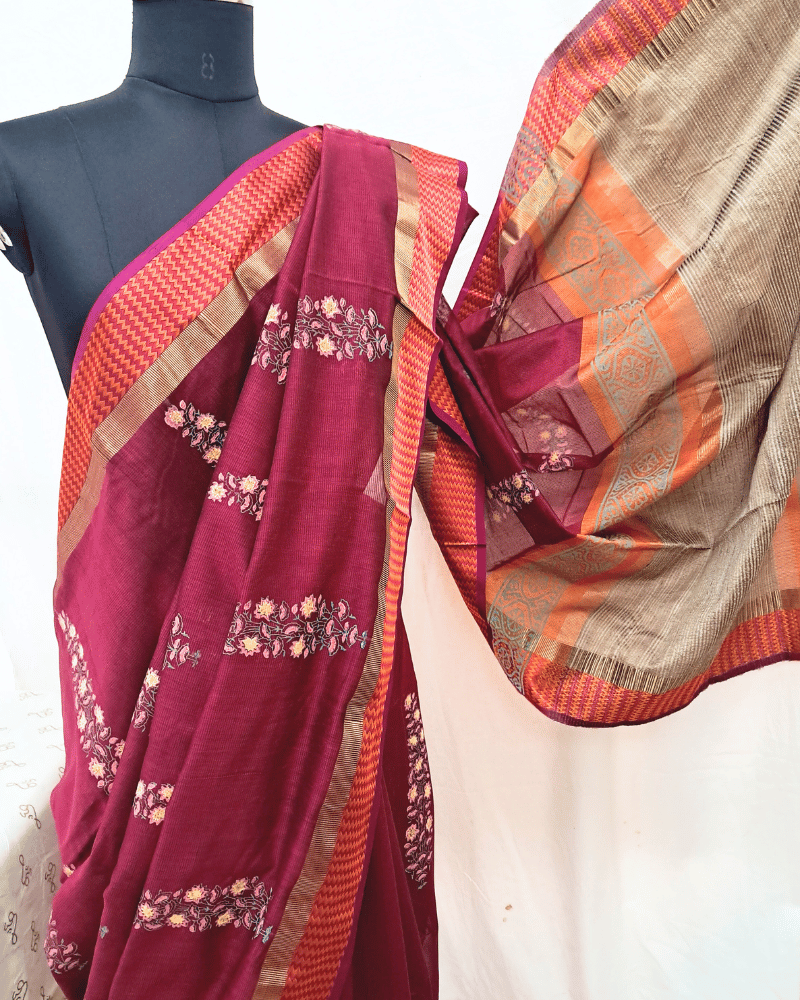 Saree: Maheshwari Silk-Cotton with Big Thread Border - Red
