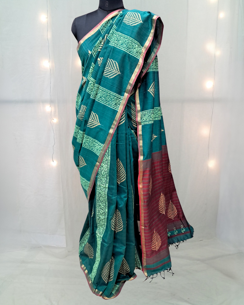 Saree: Maheshwari Cotton with Zari Border & Block Print - Green