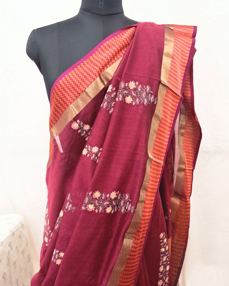 Saree: Maheshwari Silk-Cotton with Big Thread Border - Red