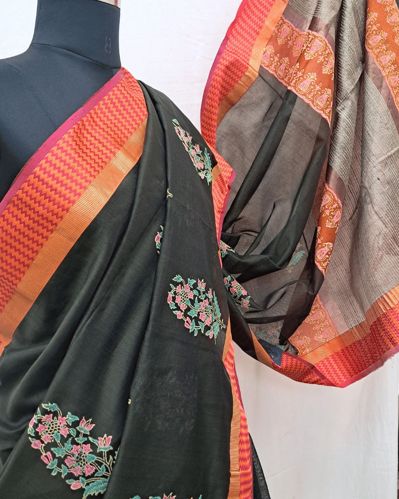 Saree: Maheshwari Silk-Cotton with Big Thread Border - Olive Green