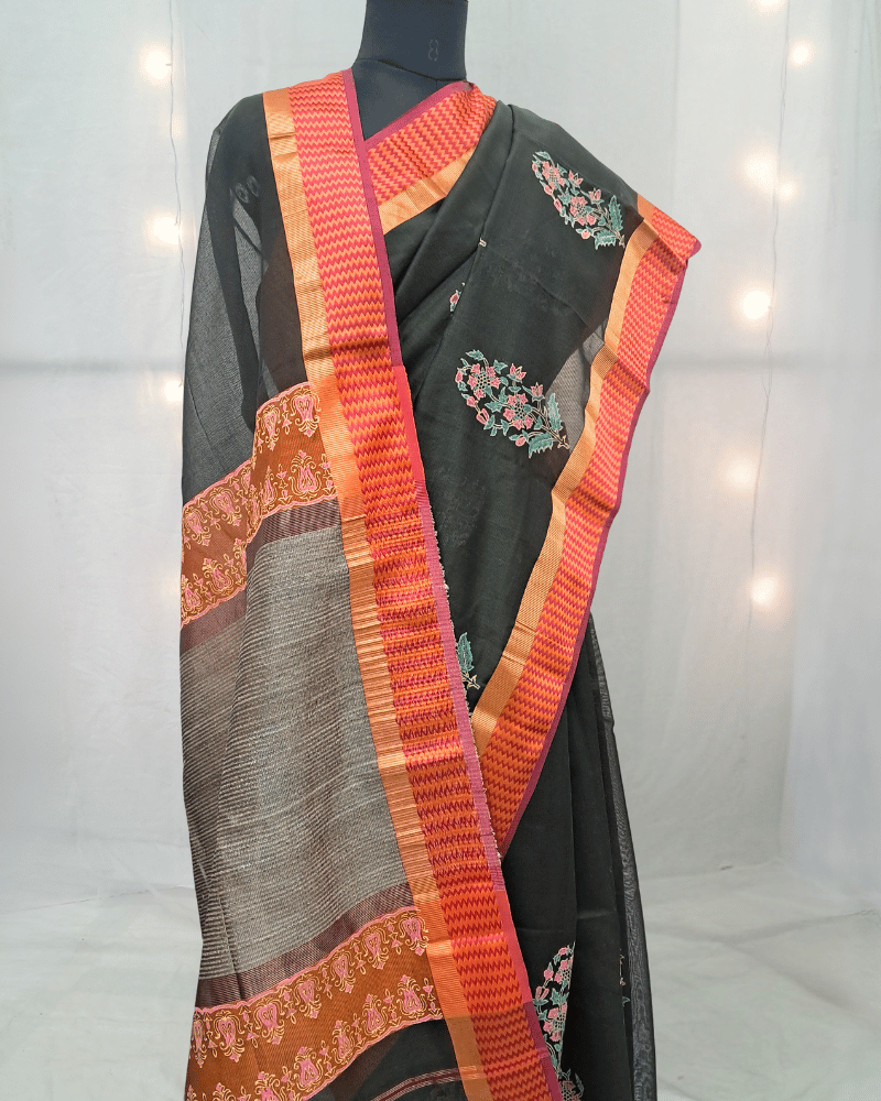 Saree: Maheshwari Silk-Cotton with Big Thread Border - Olive Green