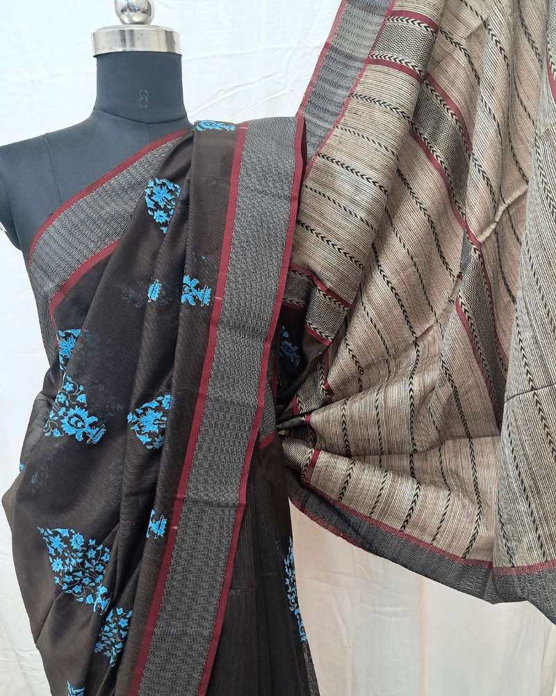 Saree: Maheshwari Silk-Cotton with Big Tussar Palla - Coffee Brown