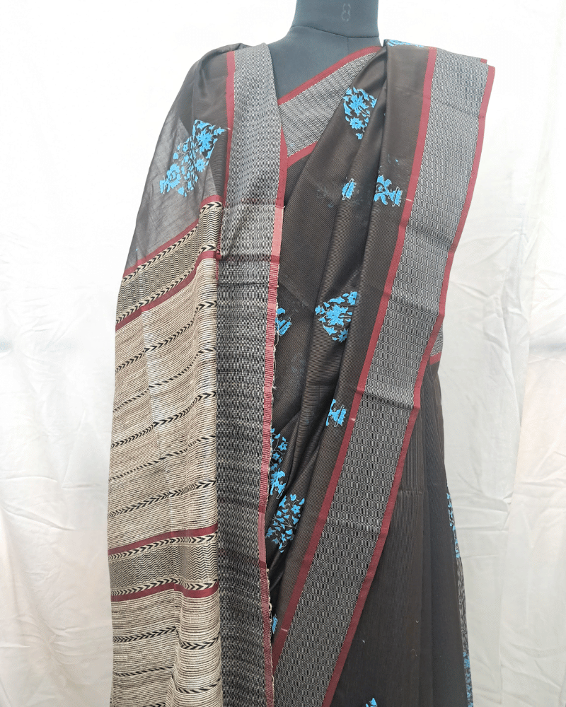 Saree: Maheshwari Silk-Cotton with Big Tussar Palla - Coffee Brown