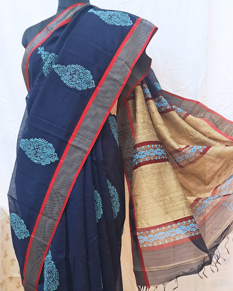 Saree: Maheshwari Silk-Cotton with Big Tussar Palla - Navy Blue