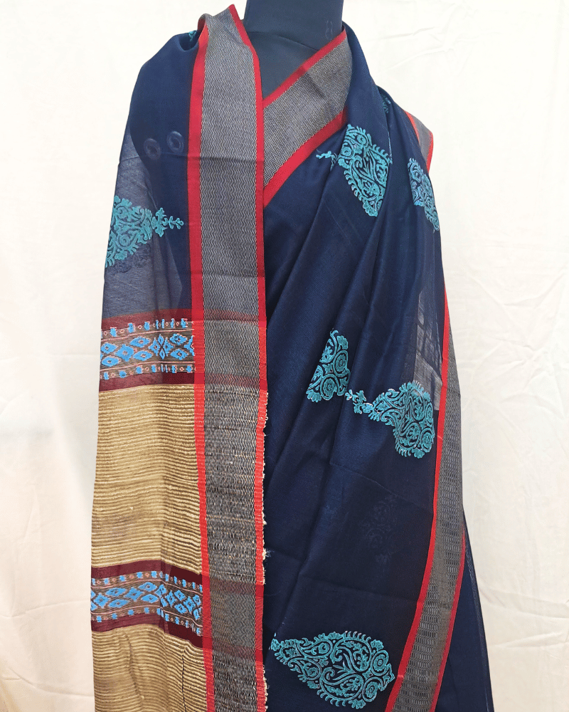 Saree: Maheshwari Silk-Cotton with Big Tussar Palla - Navy Blue