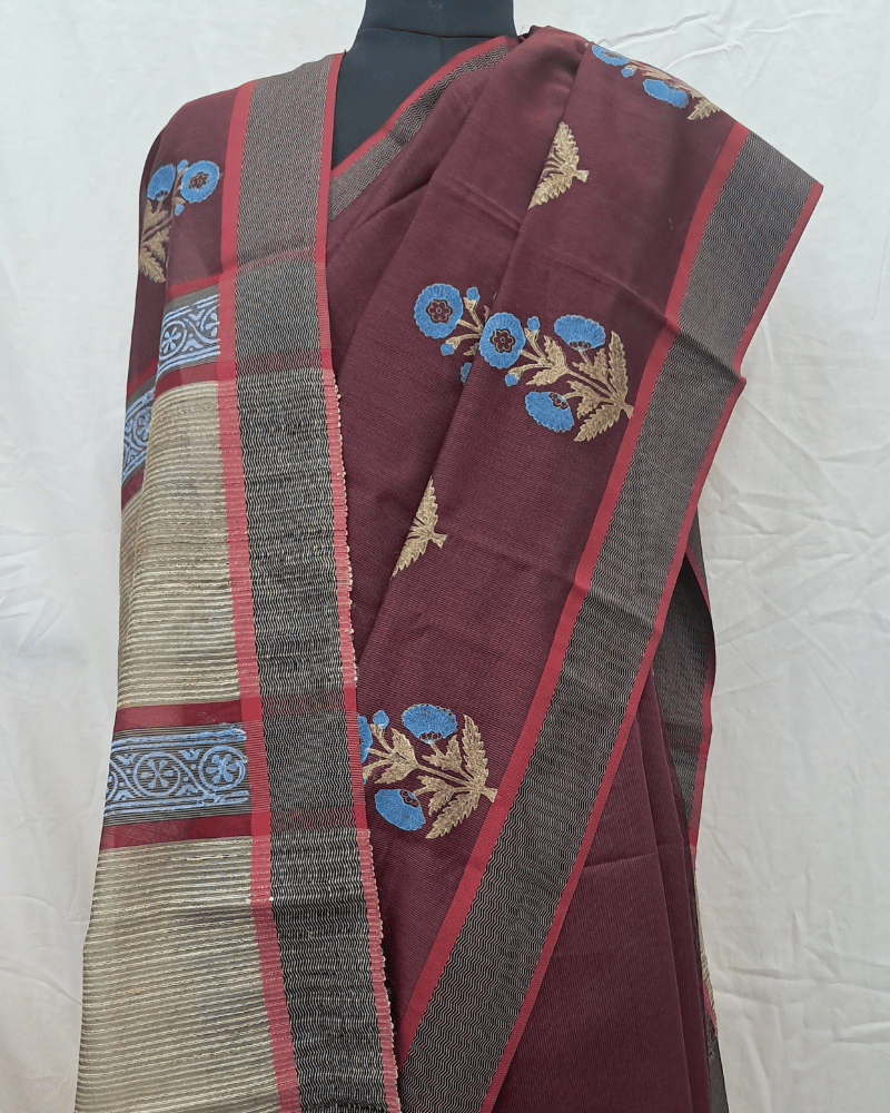 Saree: Maheshwari Silk-Cotton with Big Tussar Palla - Maroon