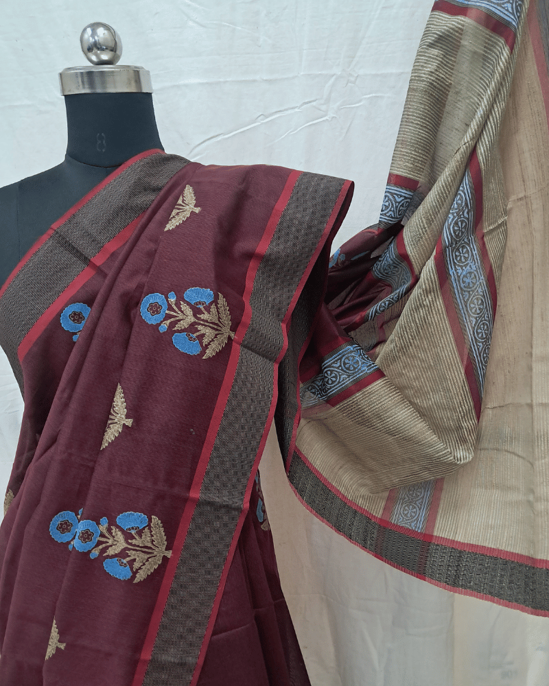 Saree: Maheshwari Silk-Cotton with Big Tussar Palla - Maroon
