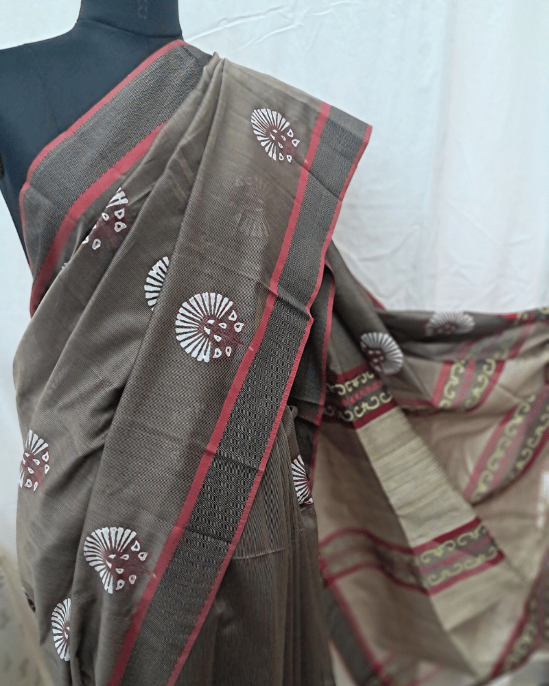 Saree: Maheshwari Silk-Cotton with Big Tussar Palla - Beige