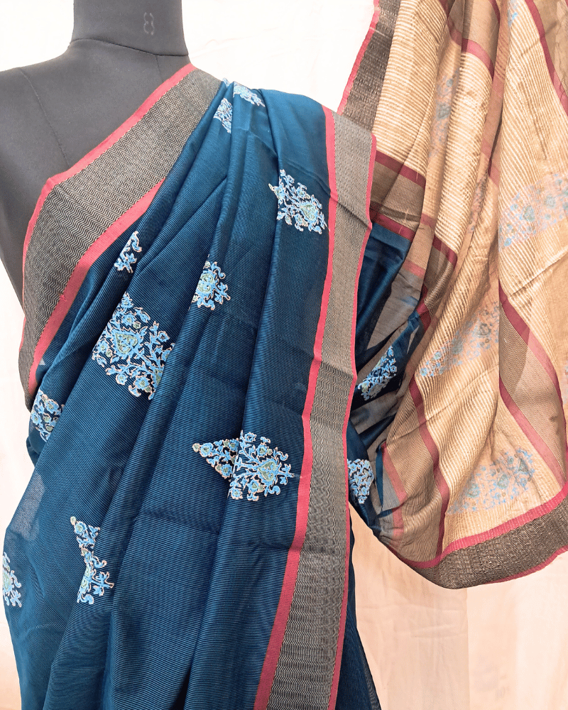 Saree: Maheshwari Silk-Cotton with Big Tussar Palla - Blue