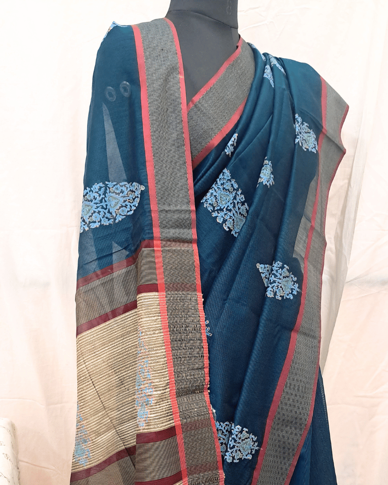 Saree: Maheshwari Silk-Cotton with Big Tussar Palla - Blue