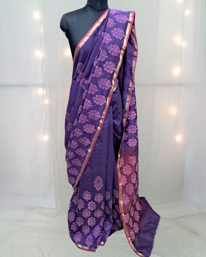 Saree: Maheshwari Cotton with Zari Border & Block Print - Purple