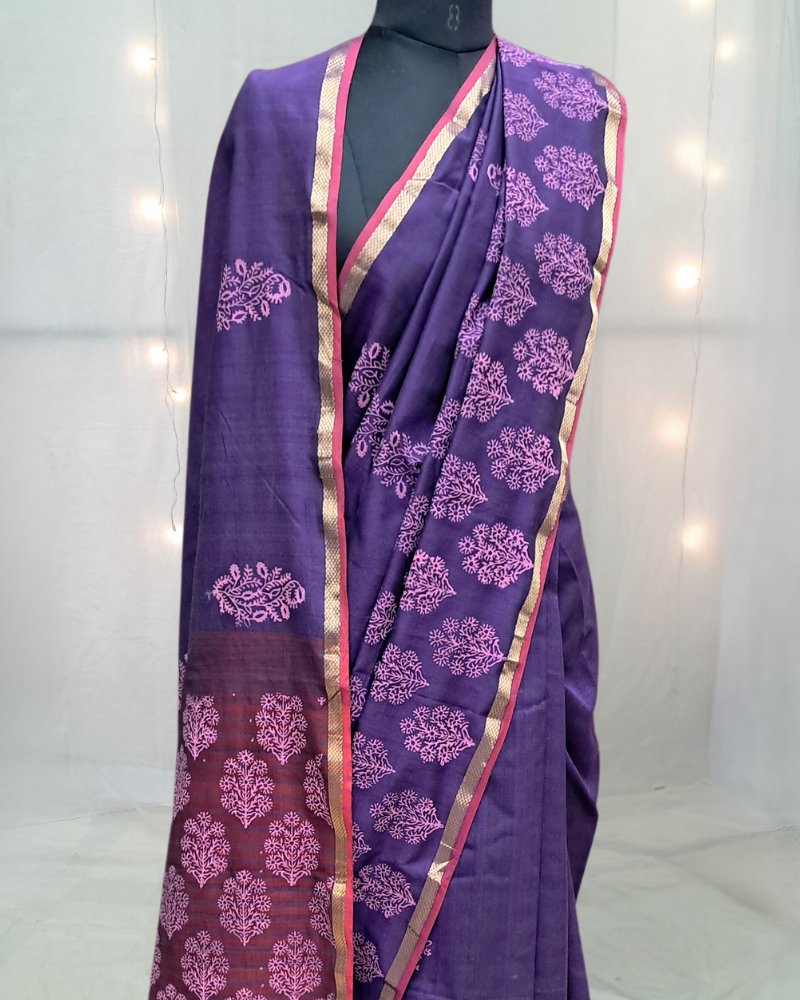 Saree: Maheshwari Cotton with Zari Border & Block Print - Purple