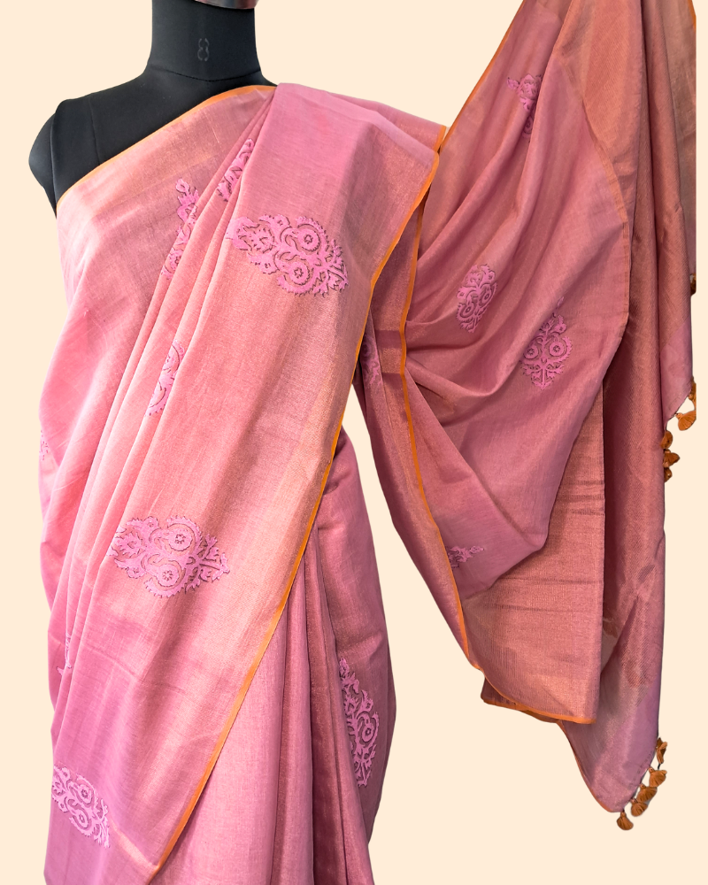 Tissue Linen Saree with Hand Block Print - Pink