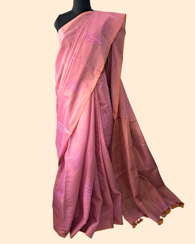 Tissue Linen Saree with Hand Block Print - Pink