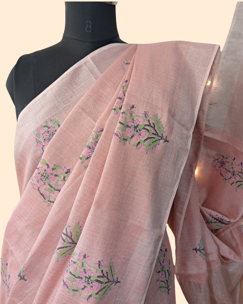 Tissue Linen Saree with Hand Block Print - Light Pink
