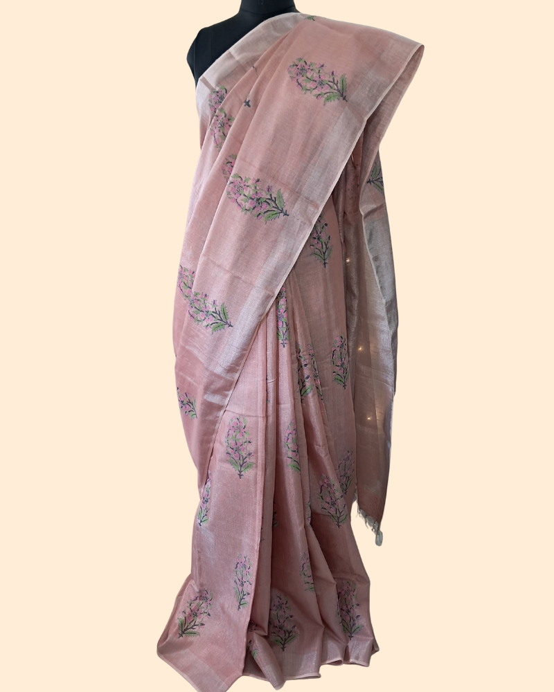 Tissue Linen Saree with Hand Block Print - Light Pink