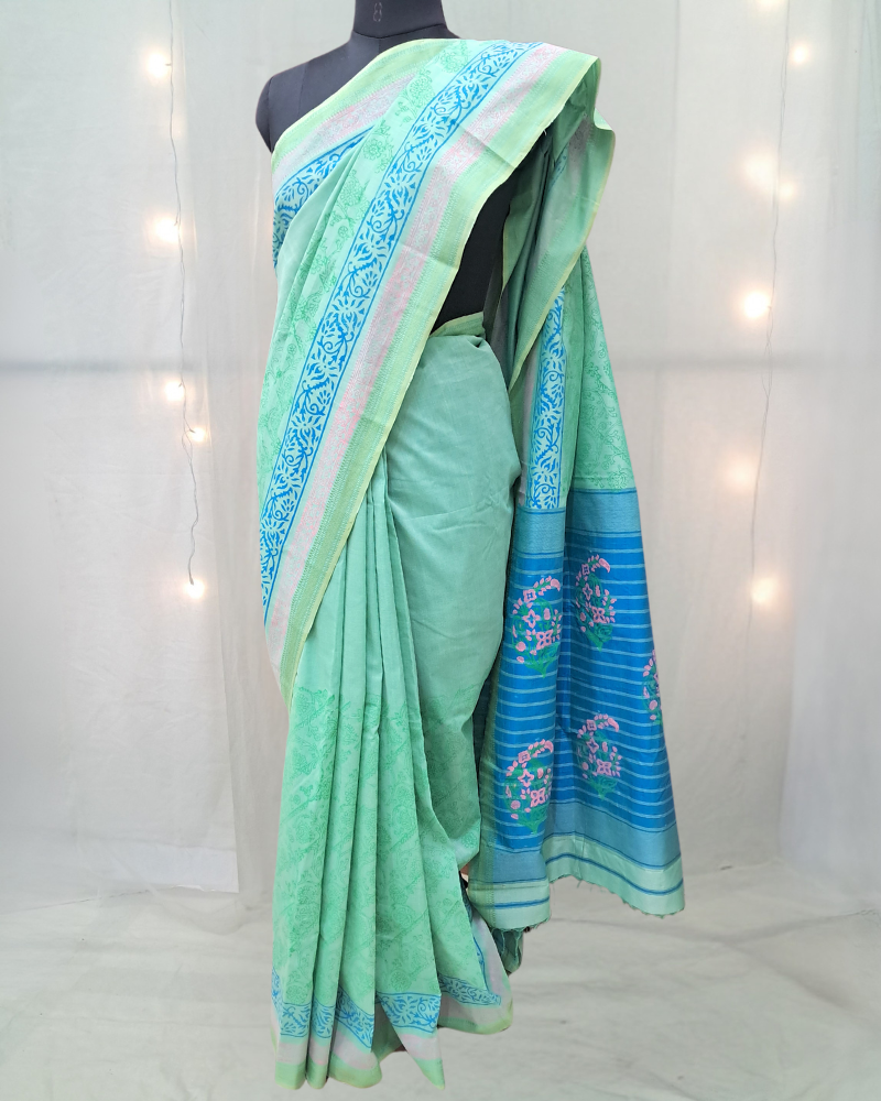 Saree: Maheshwari Cotton with Block Print - Turquoise Blue