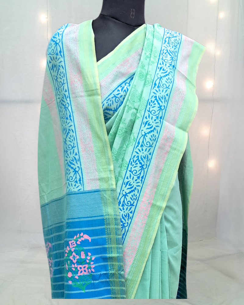 Saree: Maheshwari Cotton with Block Print - Turquoise Blue