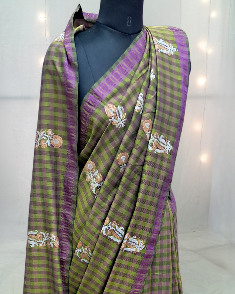 Saree: Maheshwari Cotton with Block Print - Green Purple Checks
