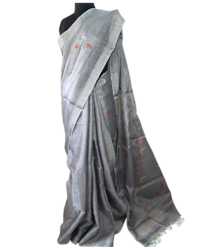 Handwoven Tissue Linen Jamdani Saree - Grey