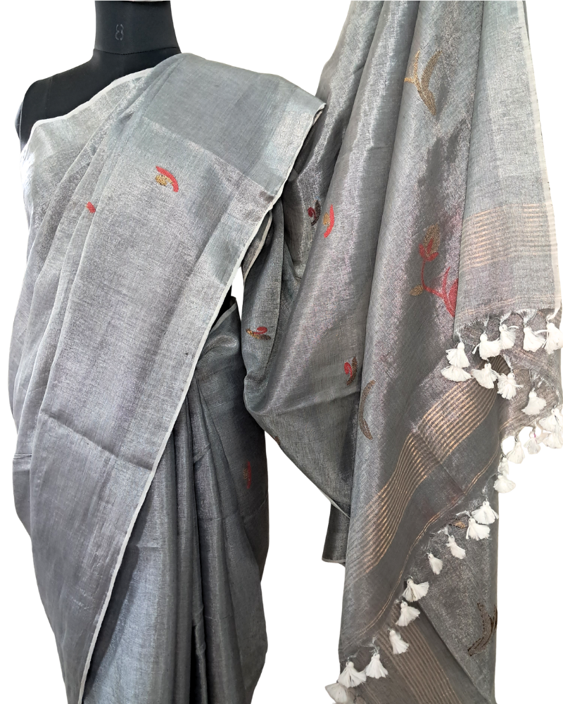 Handwoven Tissue Linen Jamdani Saree - Grey