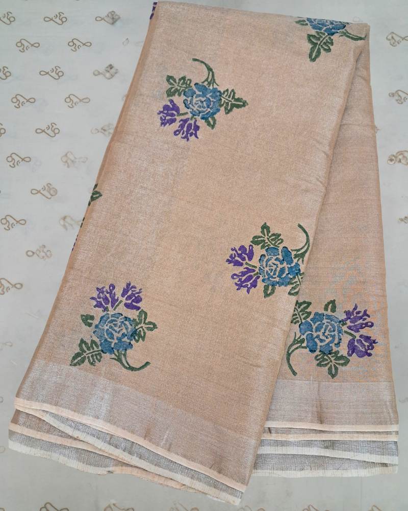 Tissue Linen Saree with Hand Block Print - Beige