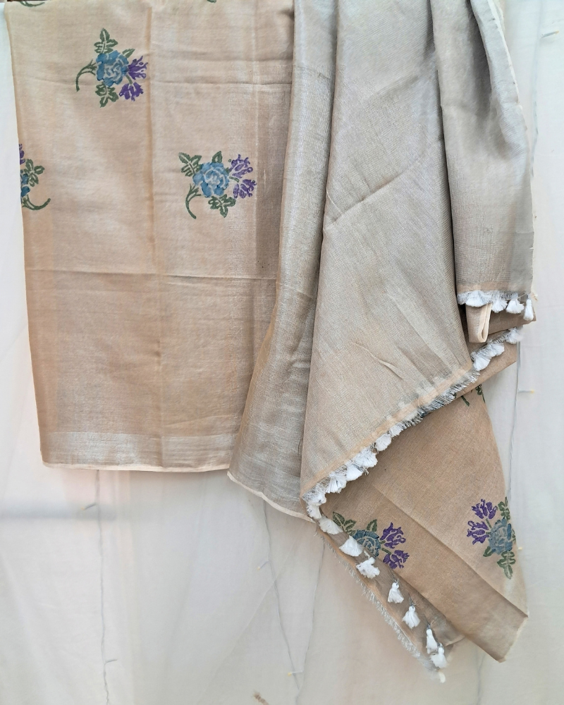 Tissue Linen Saree with Hand Block Print - Beige
