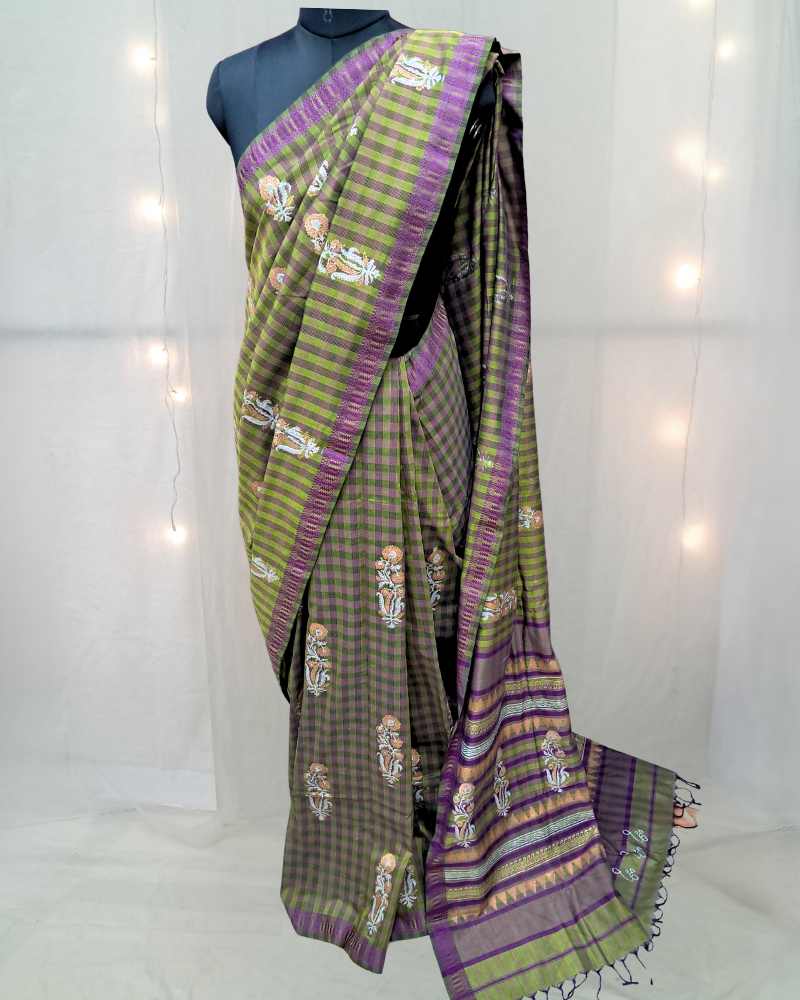 Saree: Maheshwari Cotton with Block Print - Green Purple Checks