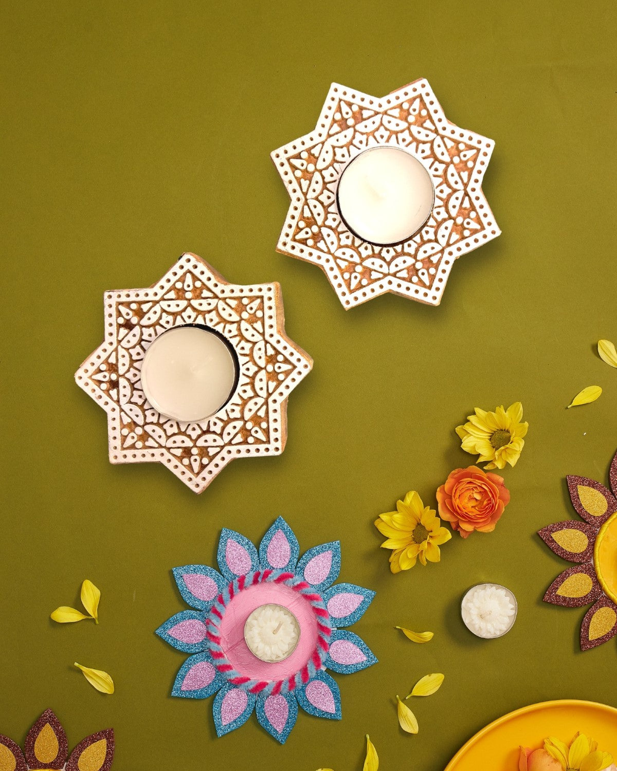 T-light Holders: Wooden Block - Star