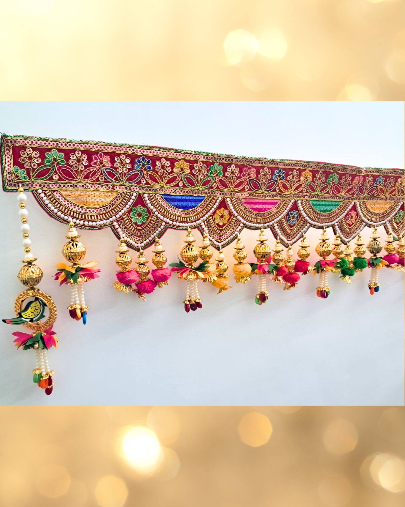 Embroidered Multicolor Fabric Toran with Beaded Tassels (Door Hanging Décor)