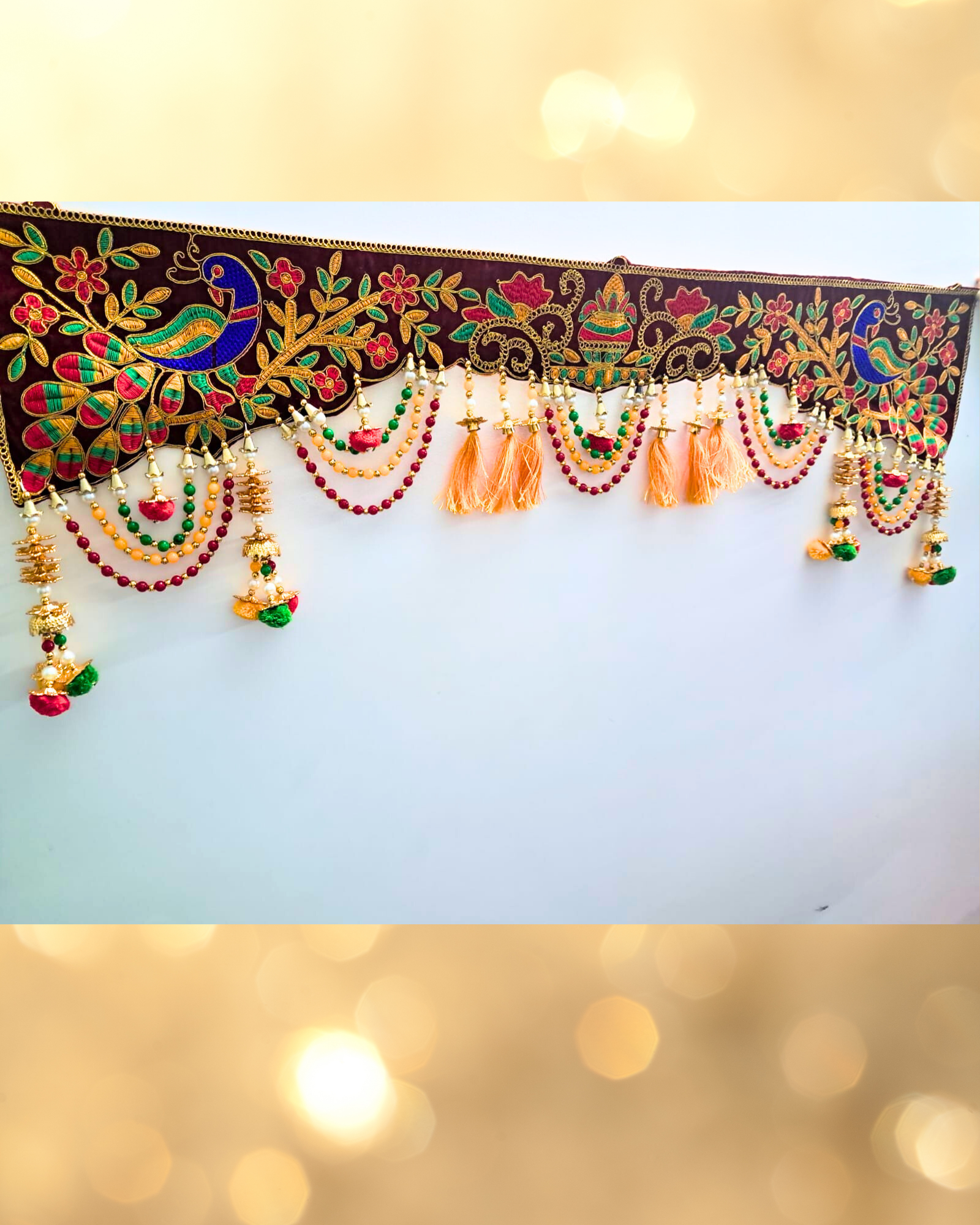 Embroidered Peacock & Kalash Toran with Beaded Tassels (Door Hanging Décor)